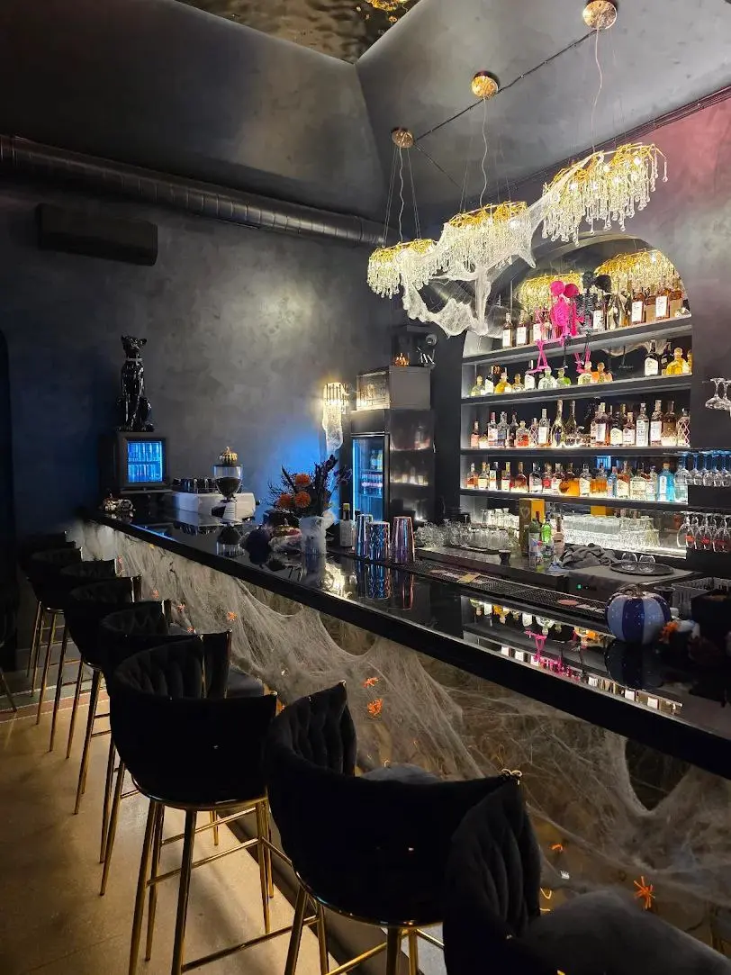 The bar dressed for Halloween