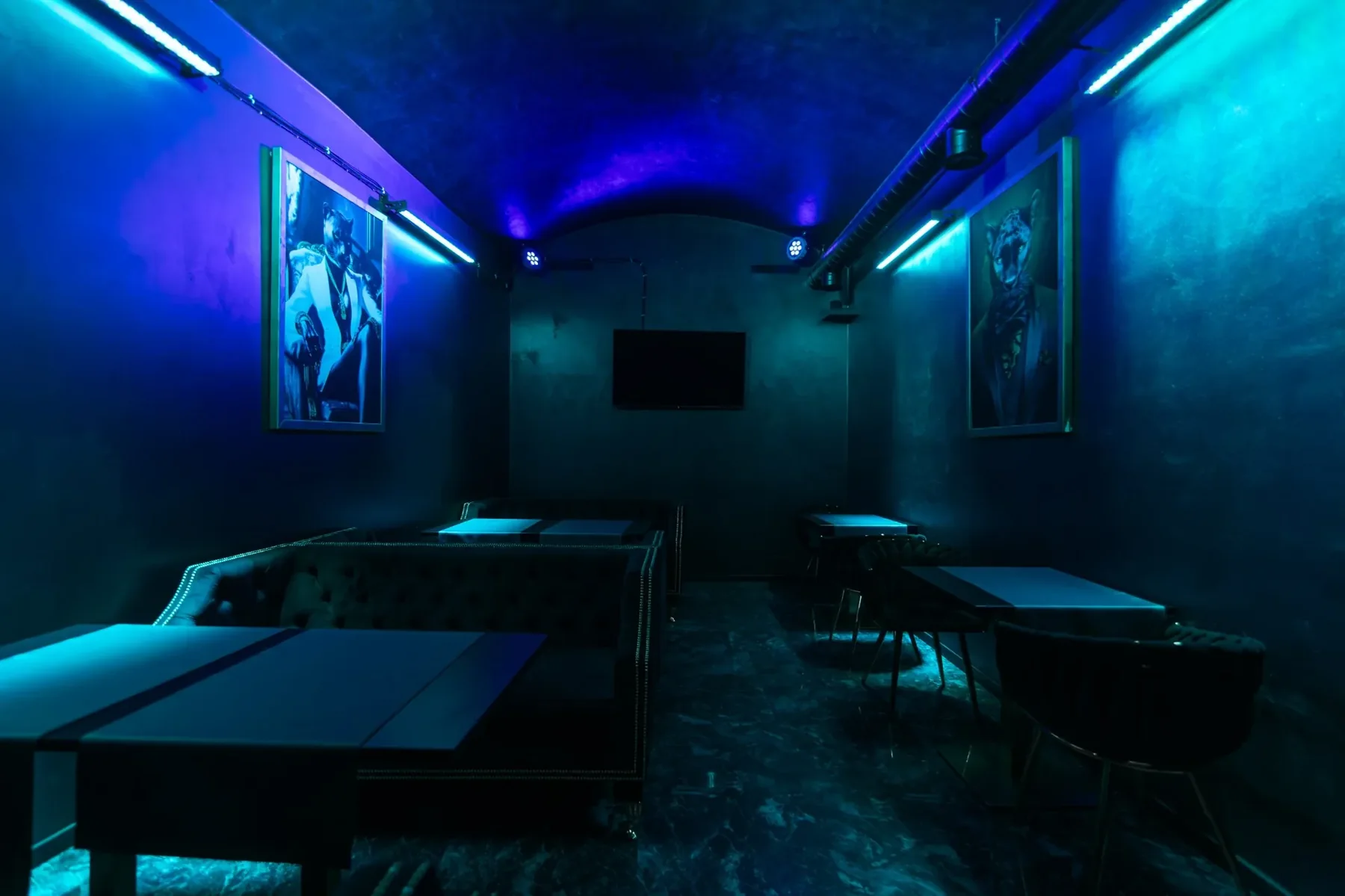 The karaoke room under blue light